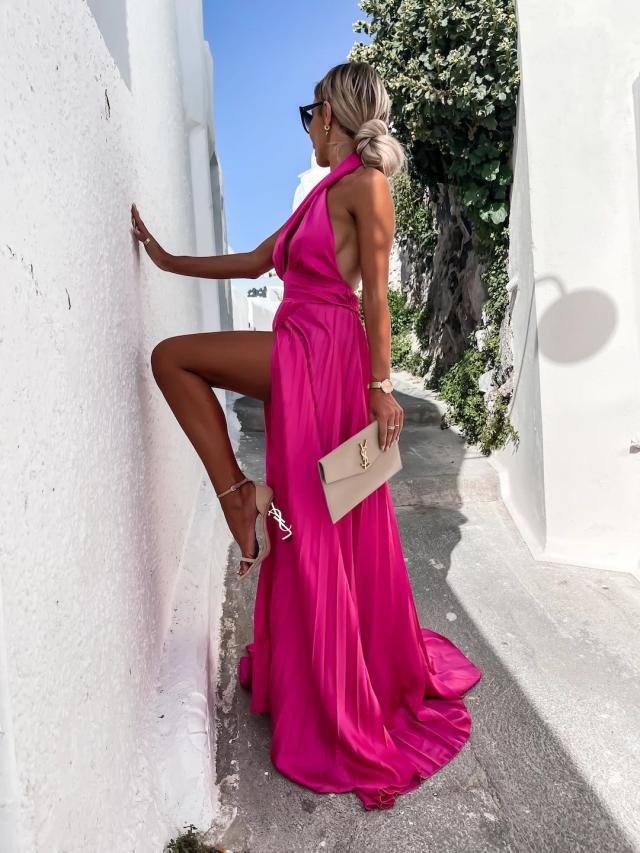 Daffy Backless Halter Maxi Dress - Fuchsia – InsStreet