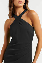 Havyn Satin Asymmetrical Halter Midi Dress - Black Ins Street