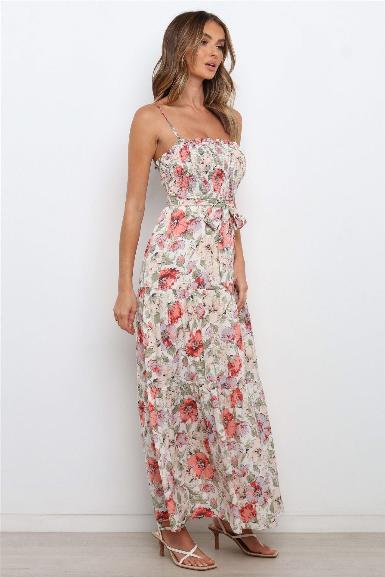 Lilyanne Floral Smocked Tie Strap Maxi Dress - Blush Multi Ins Street