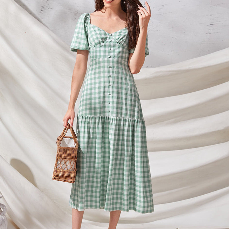 Rye Puff Sleeve Gingham Midi Dress - Hunter Green Ins Street