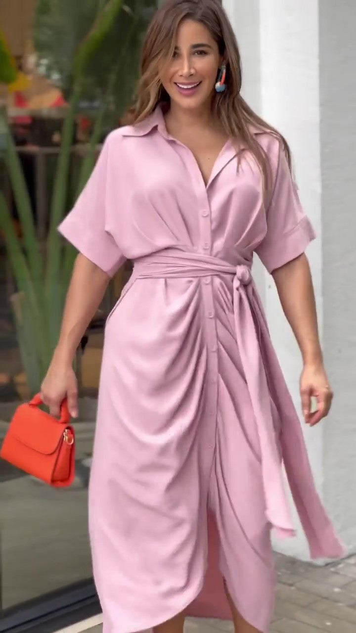 Essence Satin Tie Front Midi Shirt Dress - Lavender Ins Street