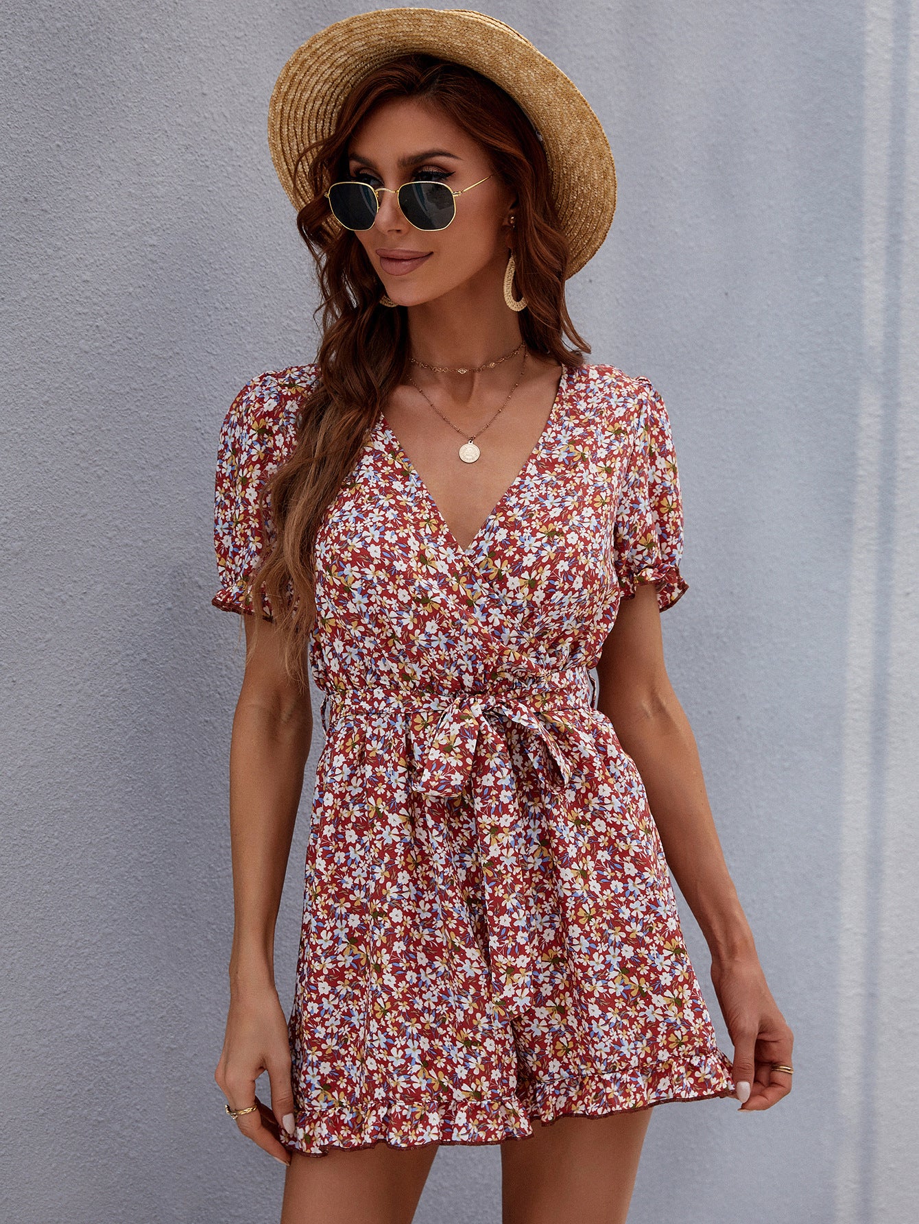 Deep In Love Floral Tie Front Romper PEAC-001