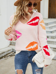 Lip Print V-Neck Knit Top Ins Street