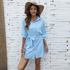 Kye Satin Striped Button Down Tie Dress - Blue Ins Street