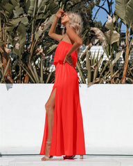 Vivid Strapless Slit Maxi Dress - Bright Orange Ins Street