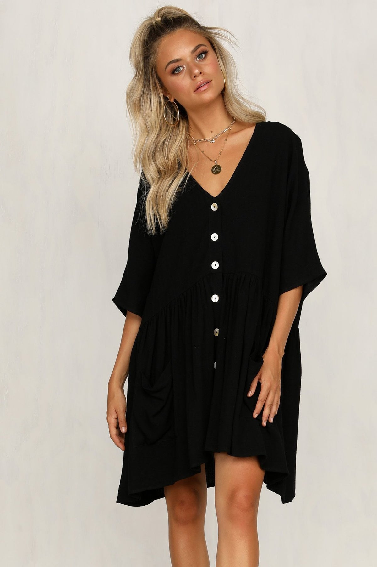 Palmer Pocketed Button Down Babydoll Dress - Black Ins Street