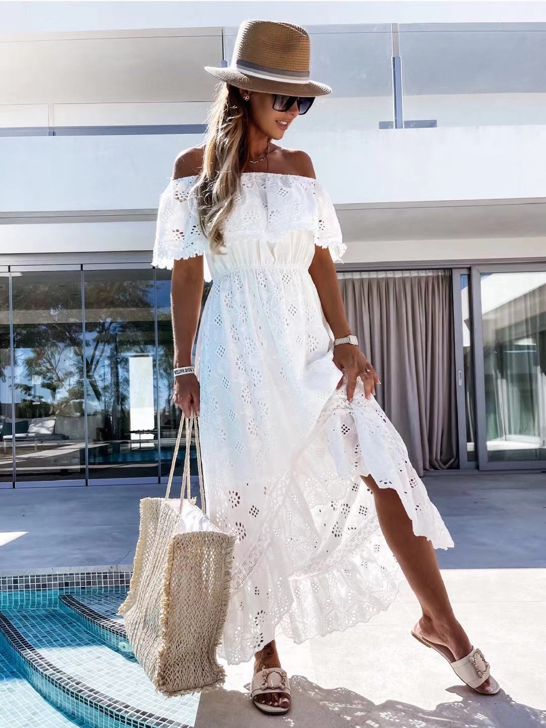 Hollow Short Sleeve Floor-Length Dress Women's Dress Ins street
