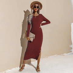 Alexina Long Sleeve Ribbed Knit Maxi Dress - Wine - FINAL SALE TYCH-001