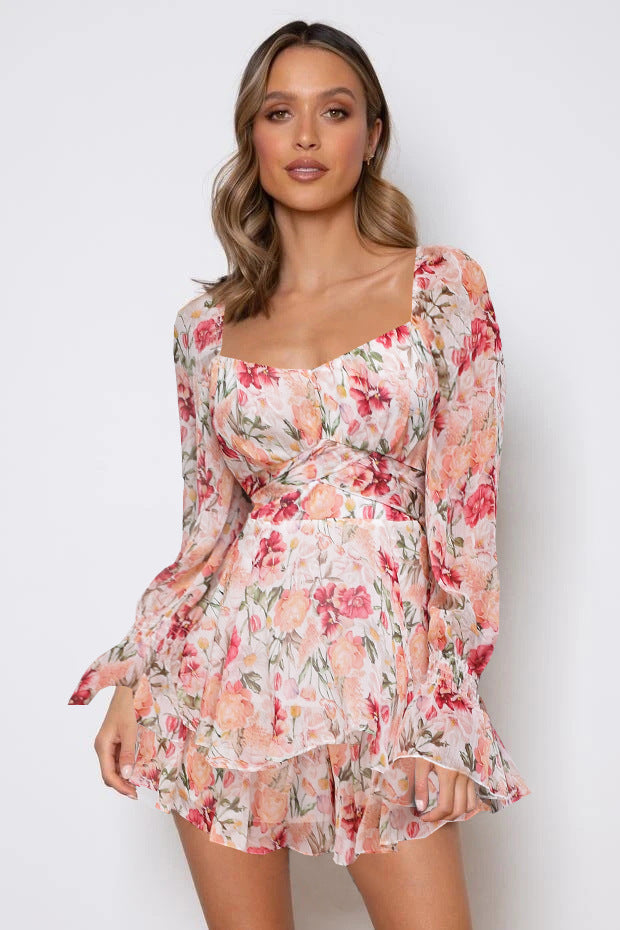 Esperanza Floral Adjustable Balloon Sleeve Dress Ins Street