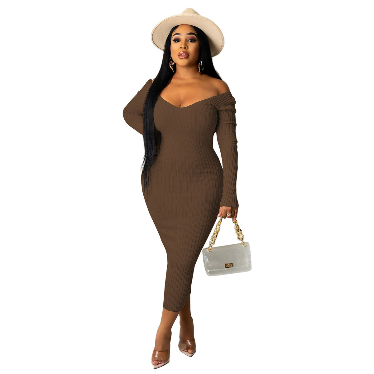 Troy Off The Shoulder Knit Midi Dress - Chocolate - FINAL SALE ACOA-001