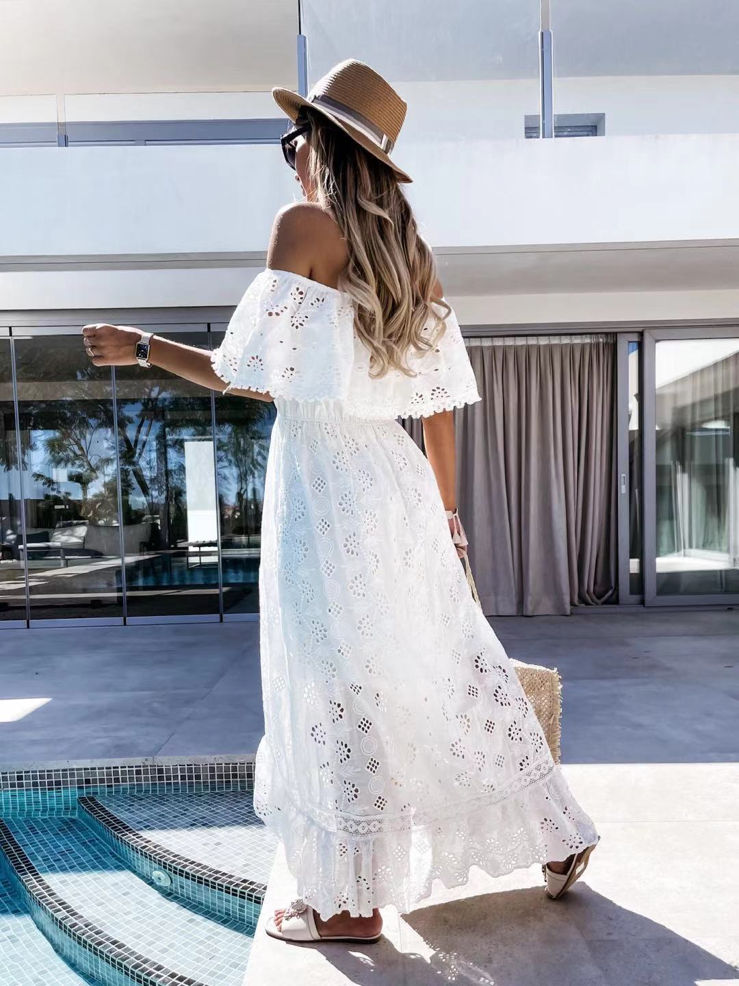Hollow Short Sleeve Floor-Length Dress Women's Dress Ins street