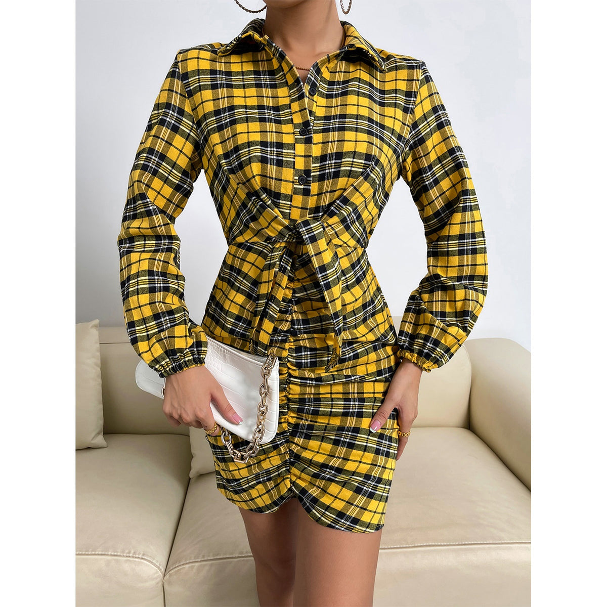 Venetia Plaid Tie Front Shirt Dress DEE-001