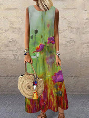 Crew Neck Floral Print Casual Long Dress ins