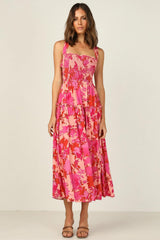 Edris Cotton Floral Tiered Midi Dress - Coral Pink Ins Street