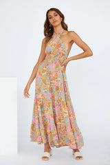 Love Games Printed Backless Halter Maxi Dress Ins Street