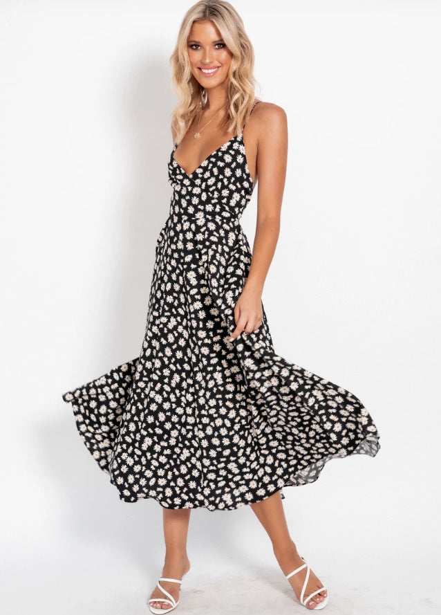 Torrie Polka Dot Tie Front Maxi Dress - Black - FINAL SALE TYCH-001