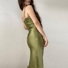 Turn Of Events Satin Midi Slip Dress - Olive SKIE-001