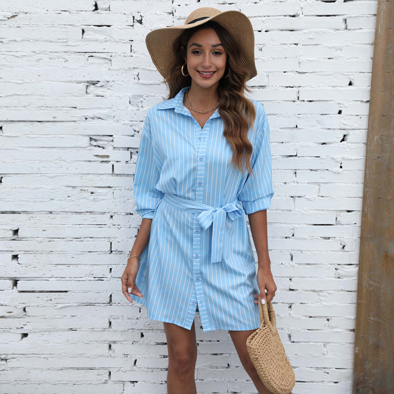 Kye Satin Striped Button Down Tie Dress - Blue Ins Street