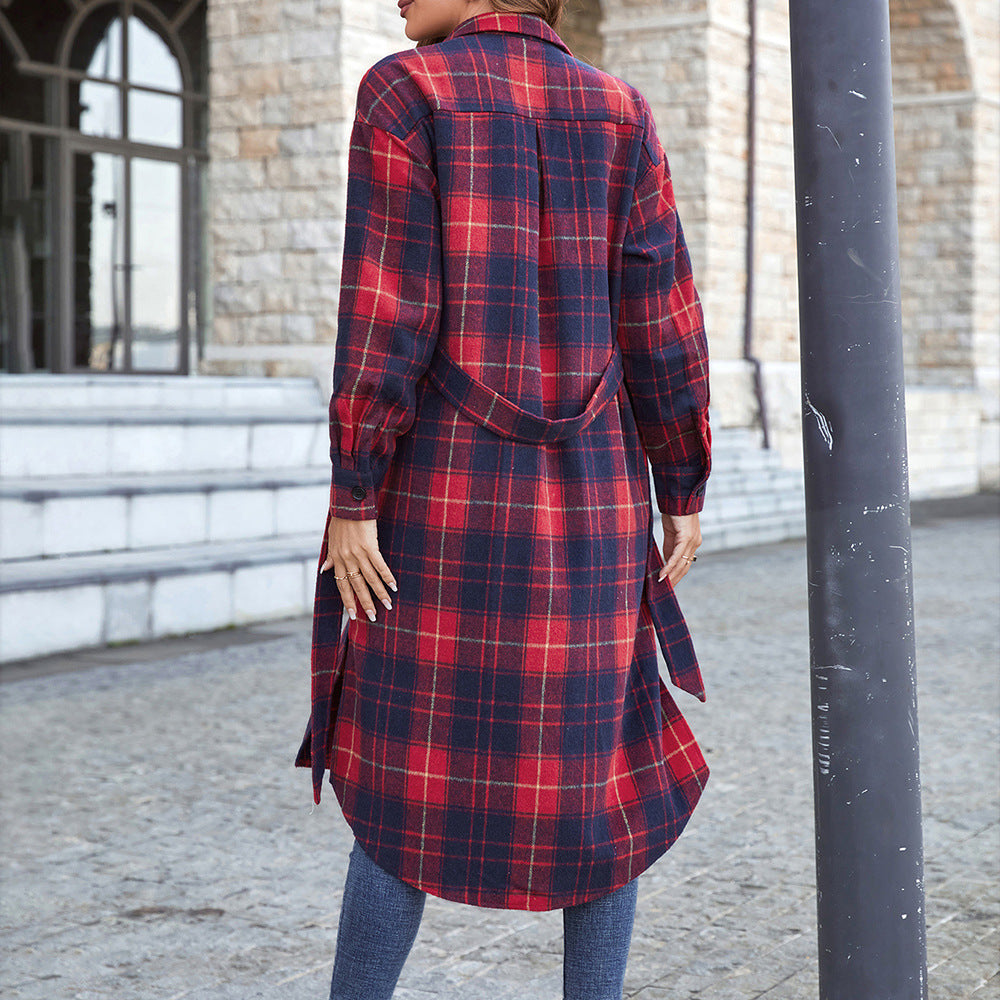 Plaid Belted Button Down Longline Shirt Jacket Ins Street