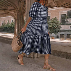 Winifred Pocketed Puff Sleeve Gingham Midi Dress Ins Street