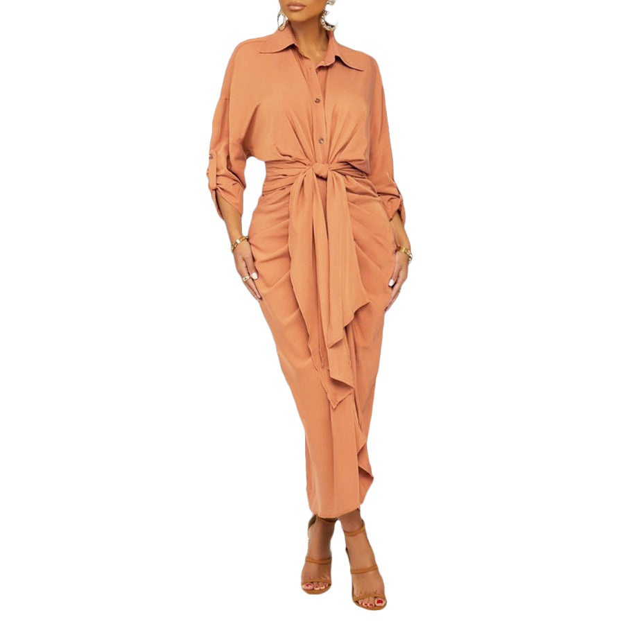 Essence Satin Tie Front Midi Shirt Dress - Orange Ins Street
