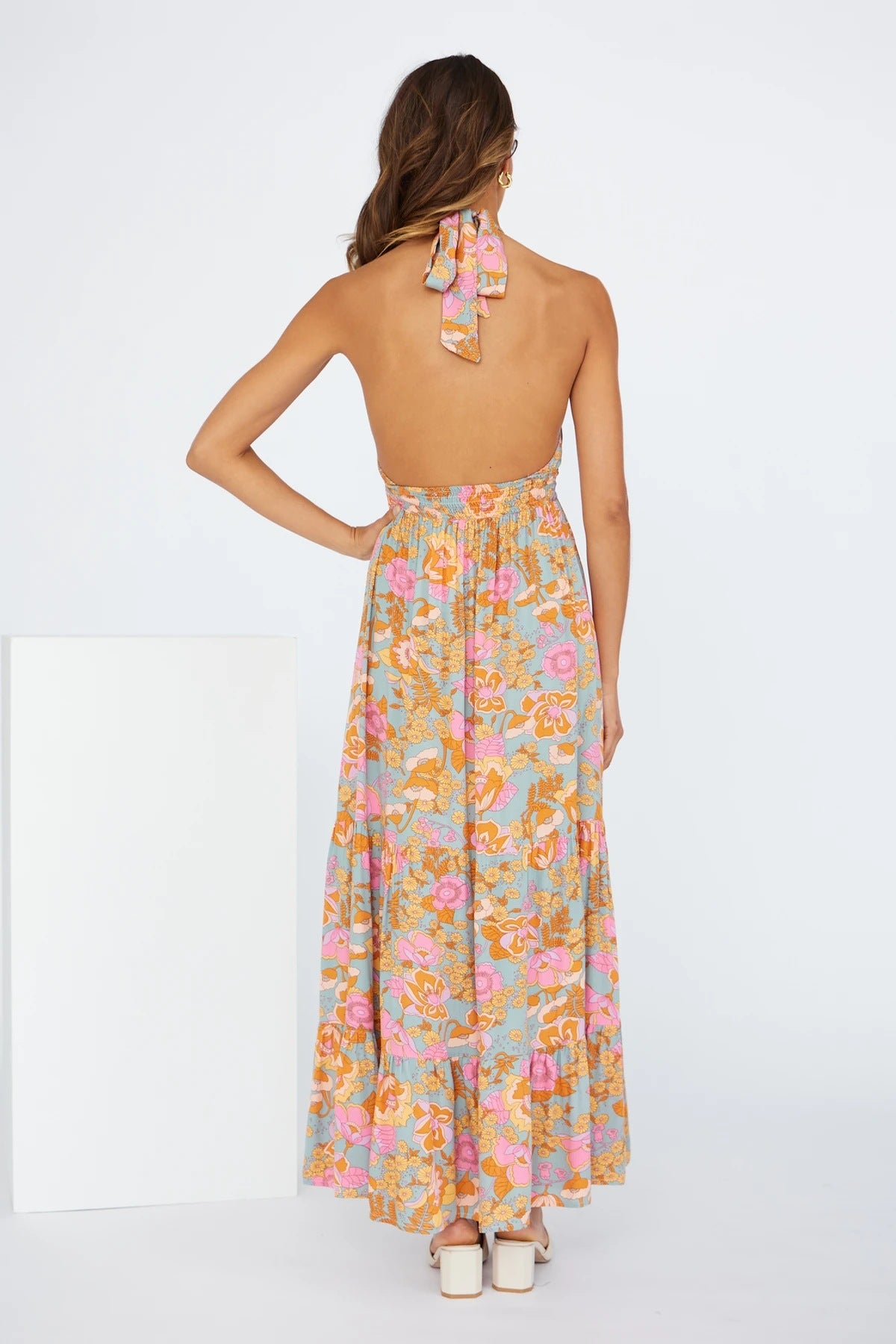 Love Games Printed Backless Halter Maxi Dress Ins Street