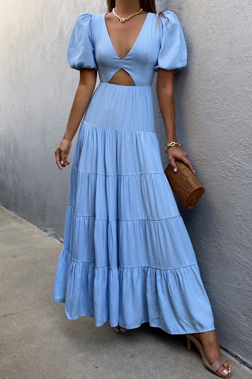 Adeline Pocketed Tie Front Tiered Maxi Dress - Blue MABL-001