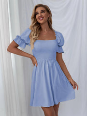 Leroy Linen Blend Puff Sleeve Babydoll Dress - Aqua Ins Street