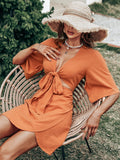 Jenner Linen Blend Tie Front Cutout Midi Dress - Orange Ins Street