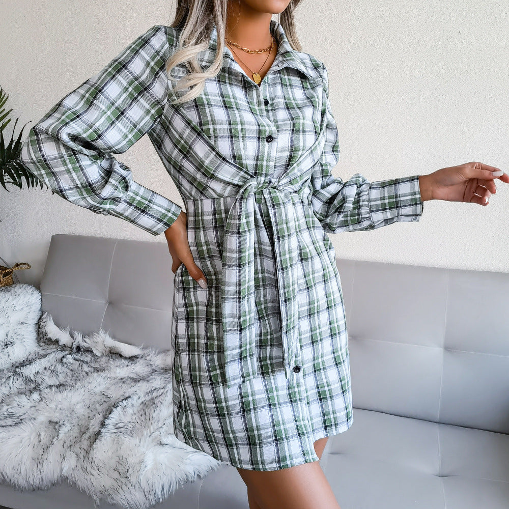 Klay Cotton Plaid Button Down Shirt Dress - Green Ins Street