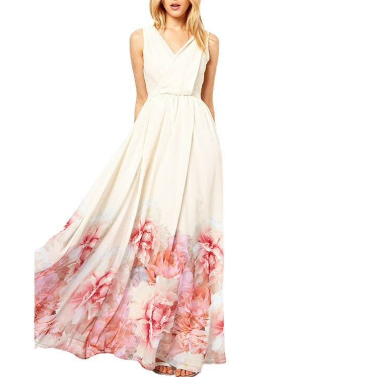 Bohemian Sleeveless Deep V Neck Flower Print Long Dress ins