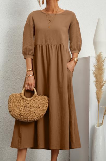 Sosa Cotton Pocketed Puff Sleeve Midi Dress - Brown - FINAL SALE Ins Street