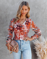 Olsen Printed Smocked Ruffle Crop Blouse Ins Street