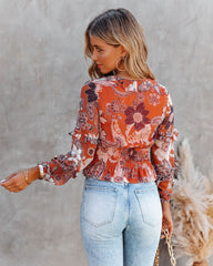 Olsen Printed Smocked Ruffle Crop Blouse Ins Street