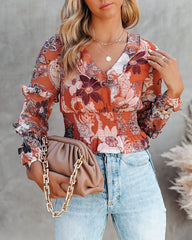 Olsen Printed Smocked Ruffle Crop Blouse Ins Street