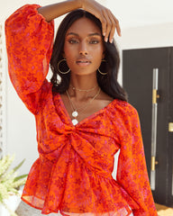 Orange Crush Balloon Sleeve Twist Blouse Ins Street