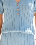 Oceanside Short Sleeve Ribbed Knit Henley Top - Blue Ins Street