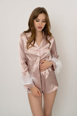 Ballari Feather Trim Pajama Set-Rose Ins Street