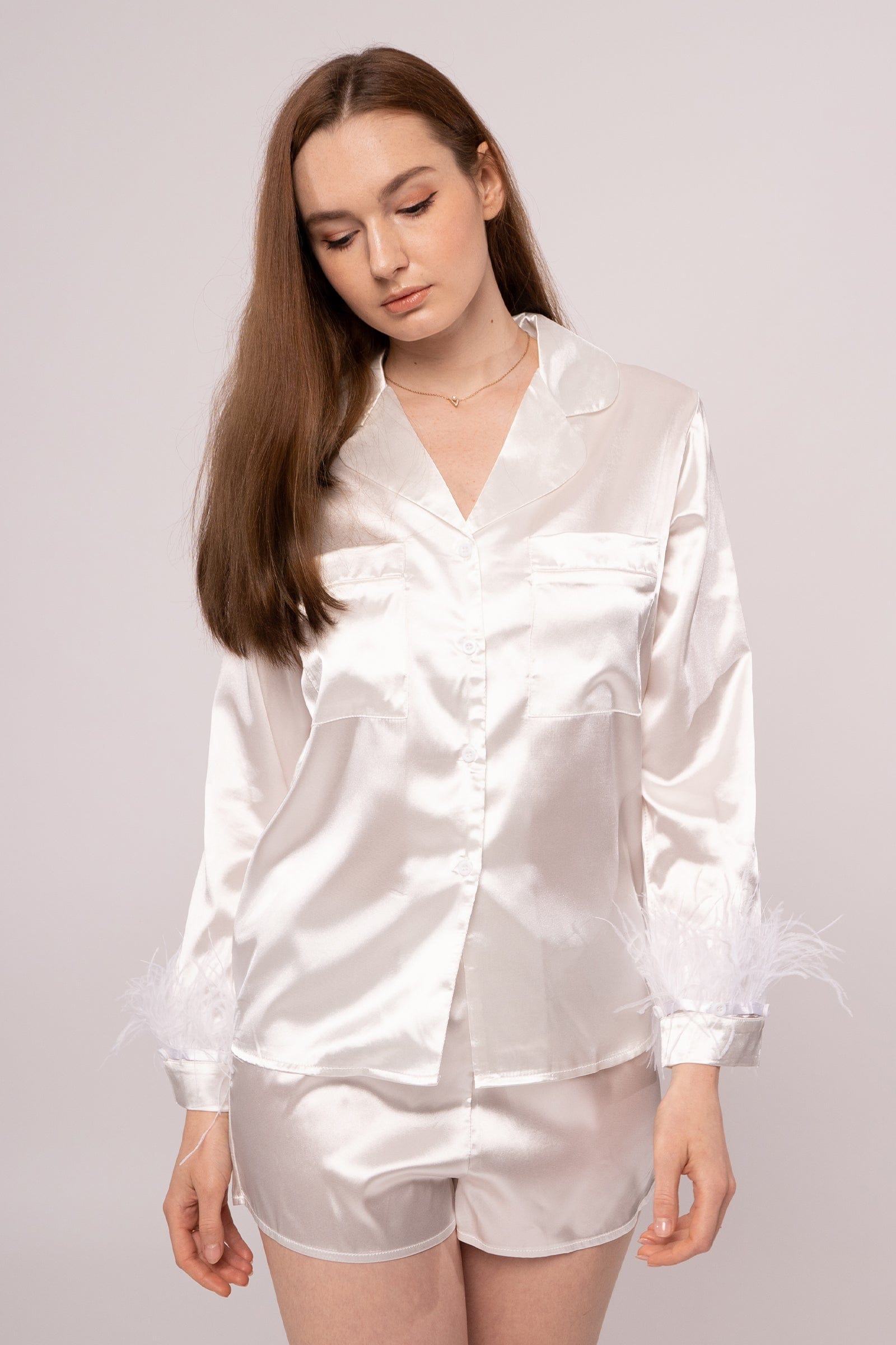 Ballari Feather Trim Pajama Set-White Ins Street