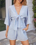 Parade Cotton Eyelet Pocketed Tie Front Romper - Sky Blue Ins Street