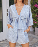 Parade Cotton Eyelet Pocketed Tie Front Romper - Sky Blue Ins Street