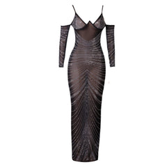 Strappy Long Sleeve Maxi Rhinestone Bandage Dress Ins Street