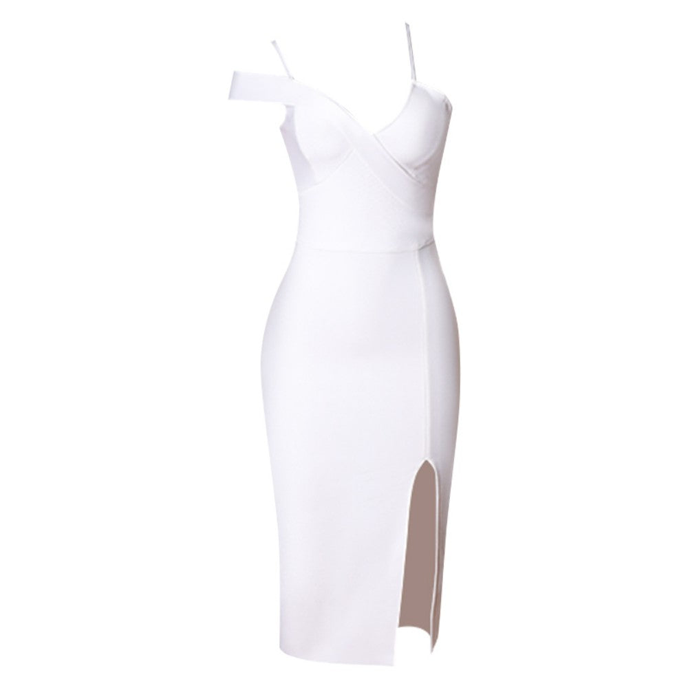 White Strappy Short Sleeve Midi Asymmetrical Bandage Dress Ins Street