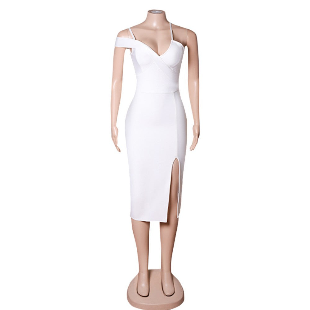 White Strappy Short Sleeve Midi Asymmetrical Bandage Dress Ins Street