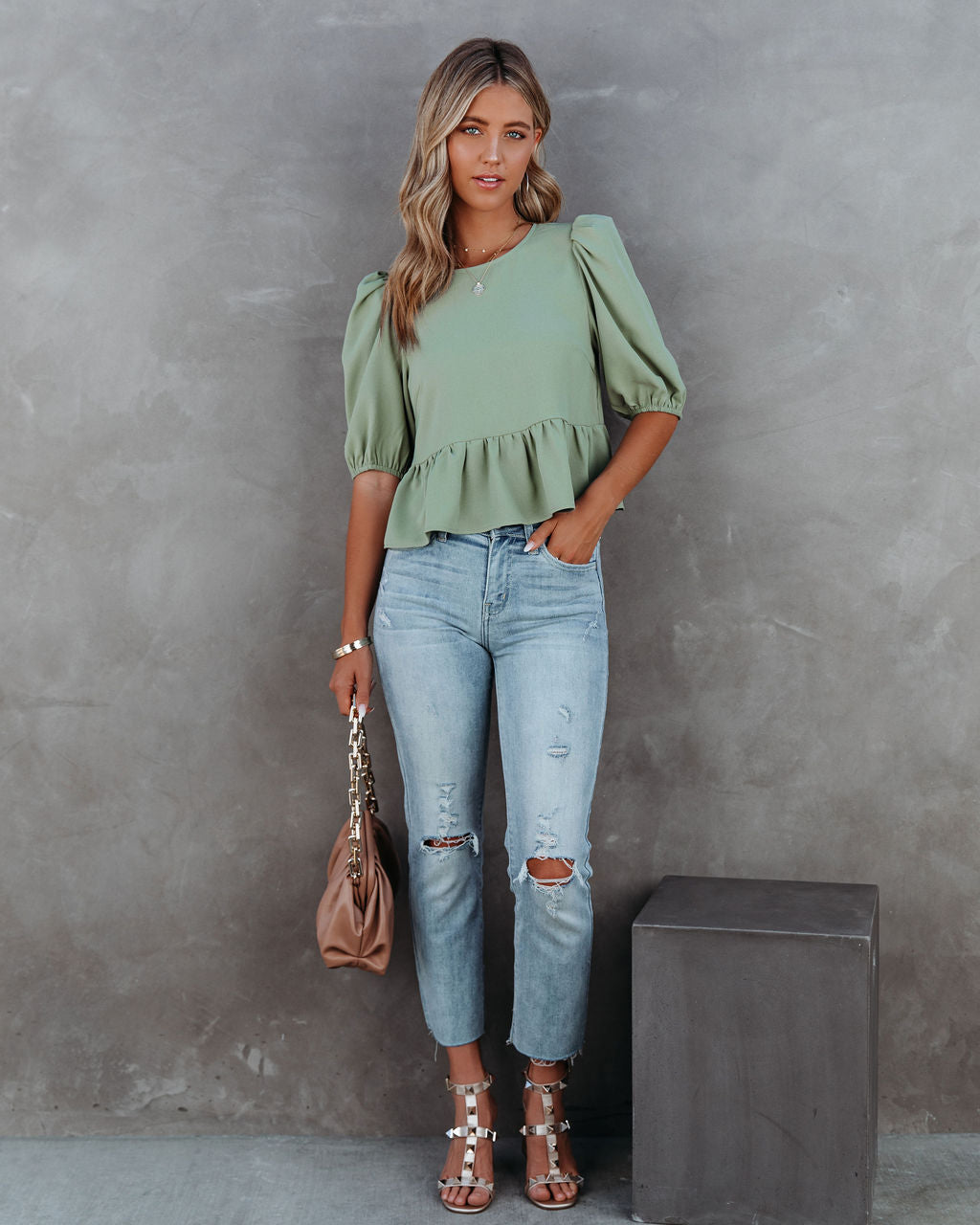 Paxie Peplum Crop Blouse - Olive Ins Street