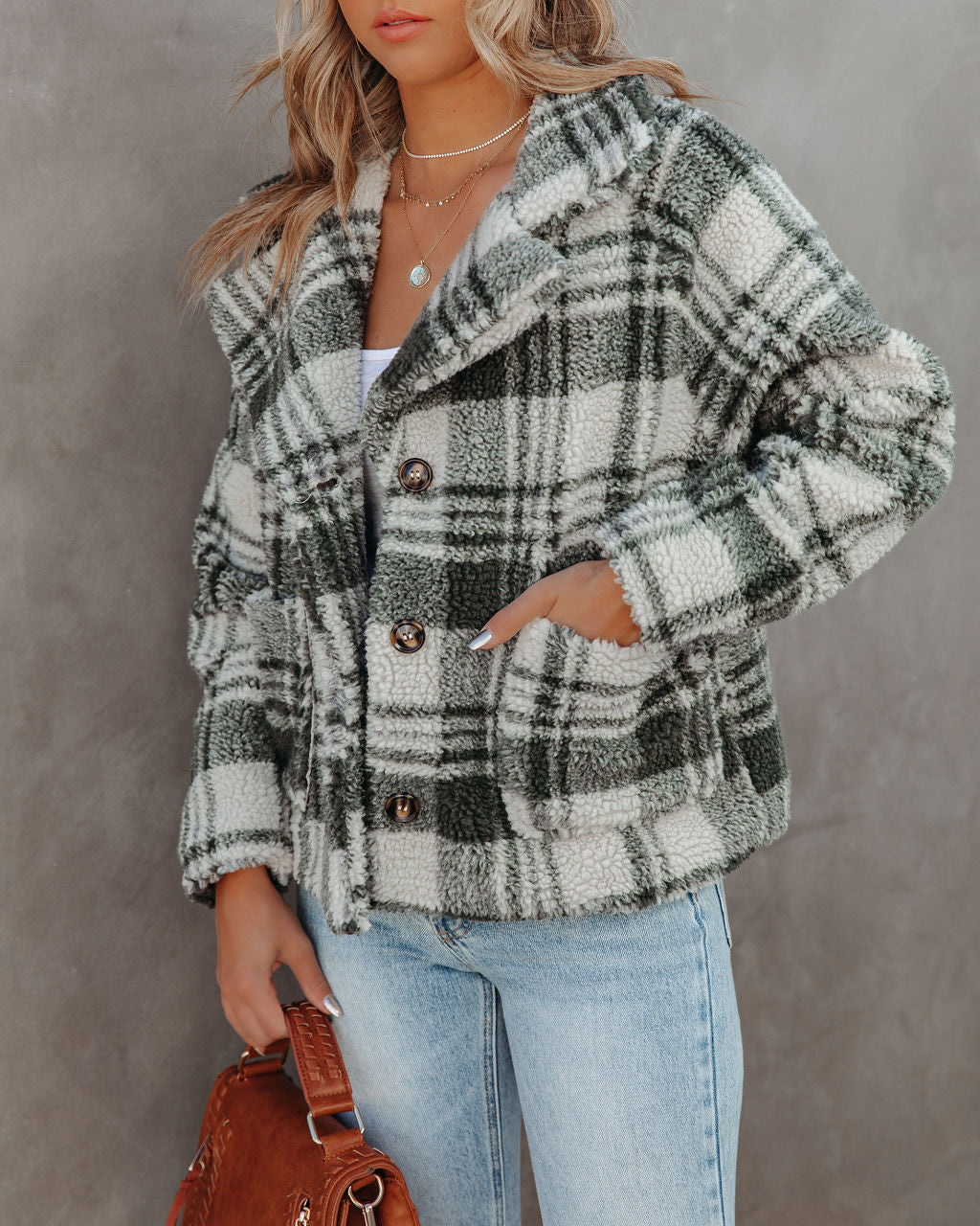 Pinole Pocketed Plaid Teddy Jacket - Grey - FINAL SALE Ins Street