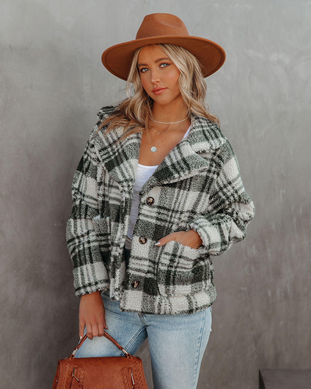 Pinole Pocketed Plaid Teddy Jacket - Grey - FINAL SALE Ins Street