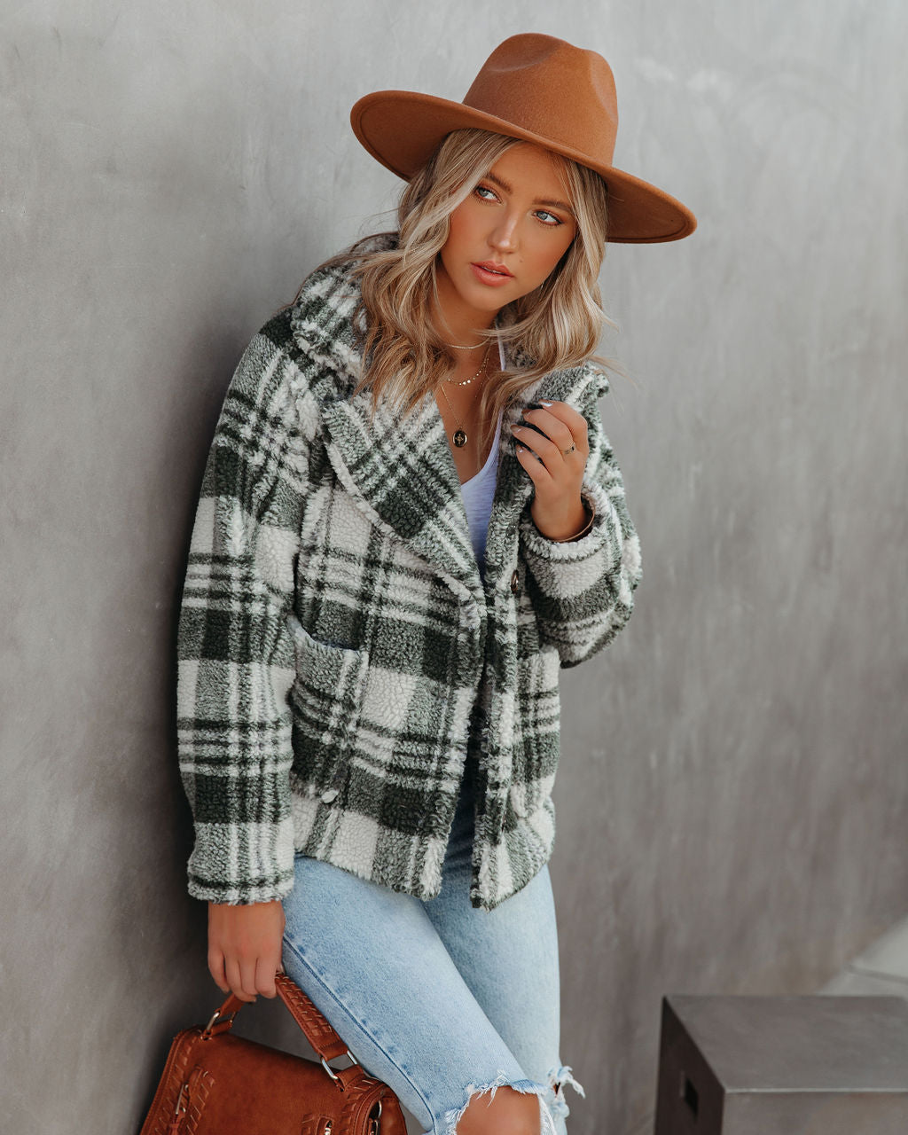 Pinole Pocketed Plaid Teddy Jacket - Grey - FINAL SALE Ins Street