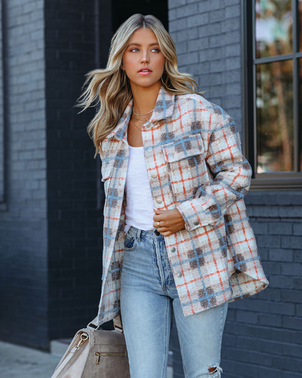 Pullman Plaid Button Down Shacket - Oatmeal - FINAL SALE Ins Street