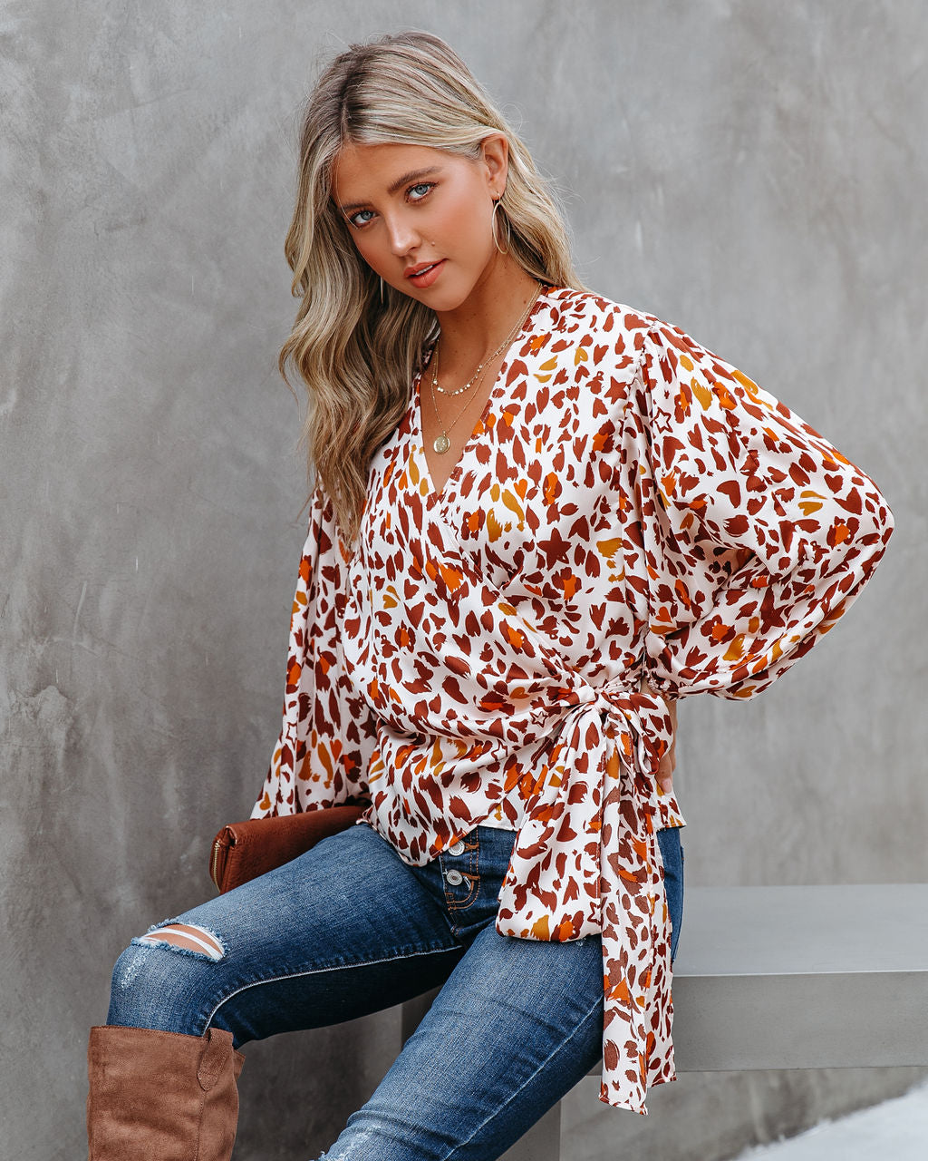 Pumpkin Spice Satin Printed Wrap Blouse - FINAL SALE Ins Street